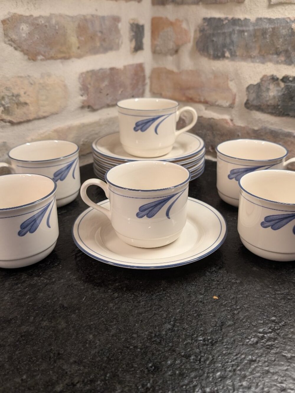 Lenox Chinastone Blue Brushstrokes Vintage Tea Coffee 6 Cups & 7 Saucers